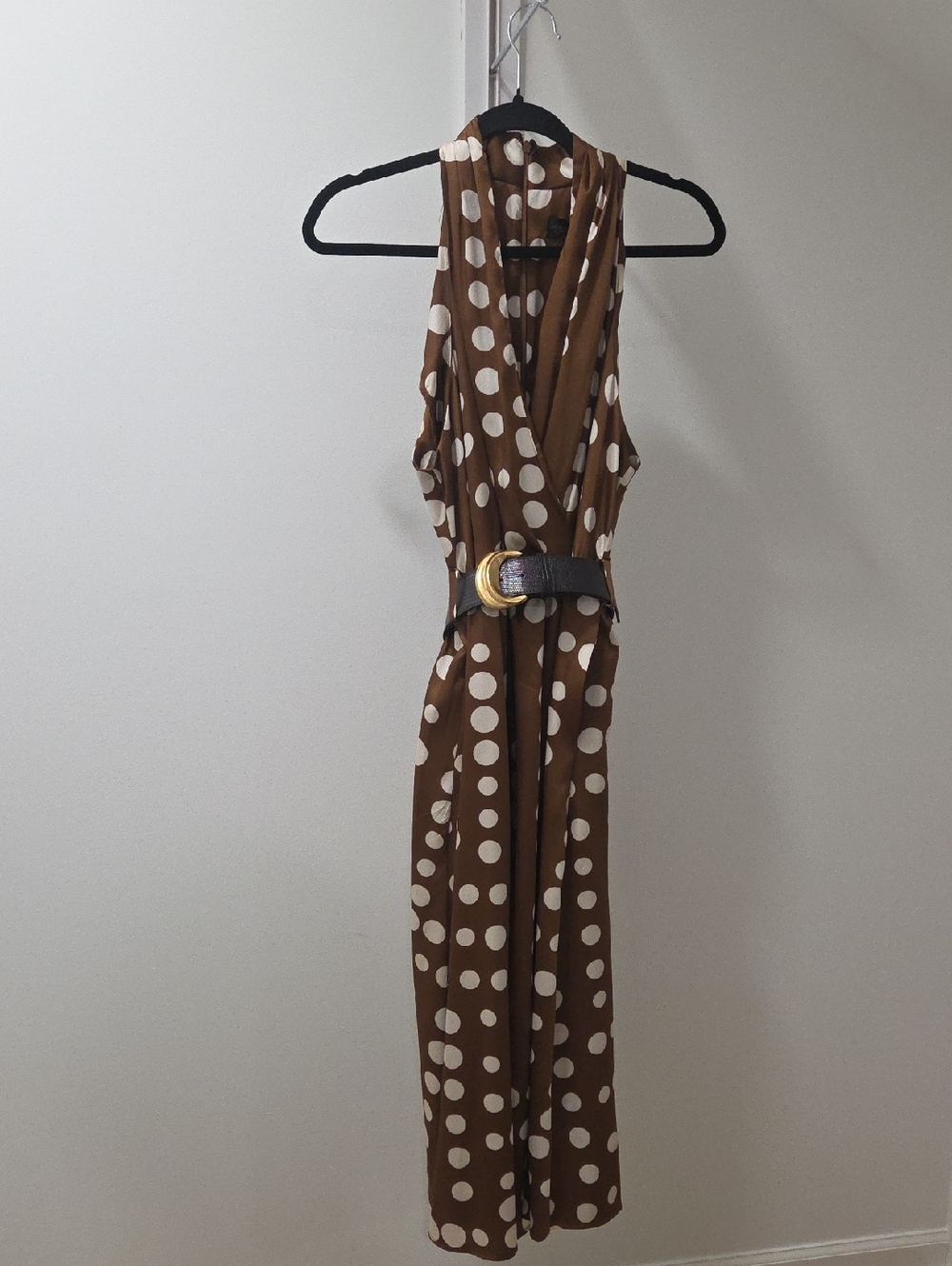 New Donna Karan Brown and Cream Polka Dot Midi Dress - Picture 2 of 6